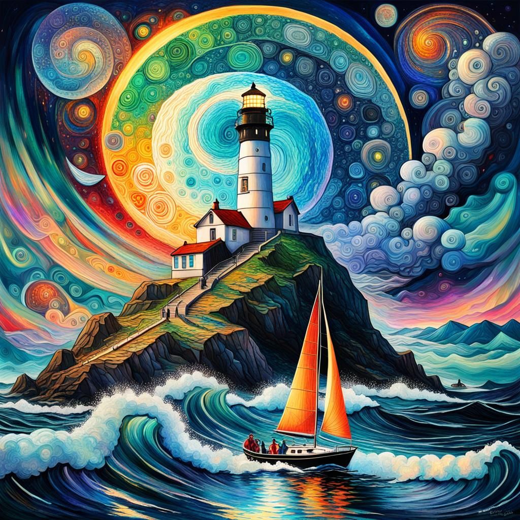 Stormy Lighthouse and Sailboat in Astral Illustration