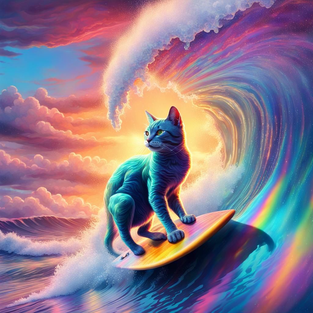 Cat Surfing Tsunami Wave at Sunset: Cosmic Illustration