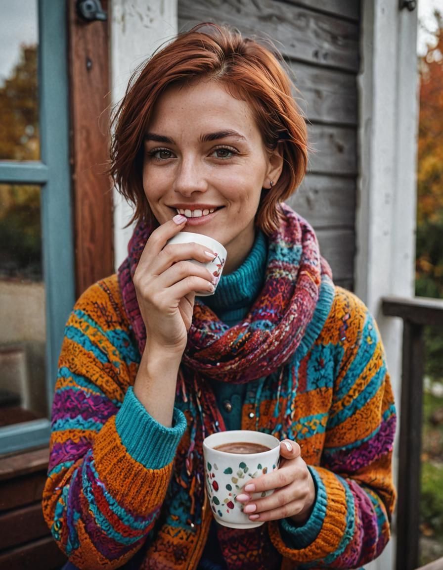 Smiling Woman Sipping Hot Chocolate on Autumn Day