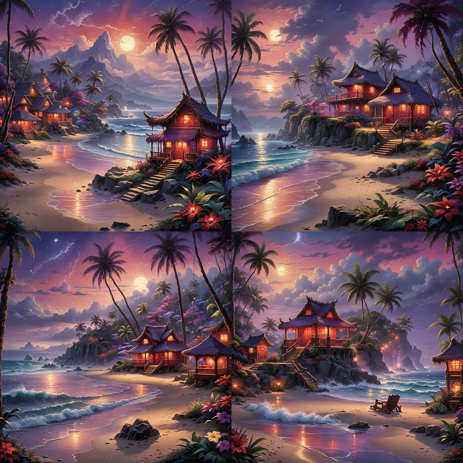 Beach Tiki Scene in Red and Purple, Fantasy Art