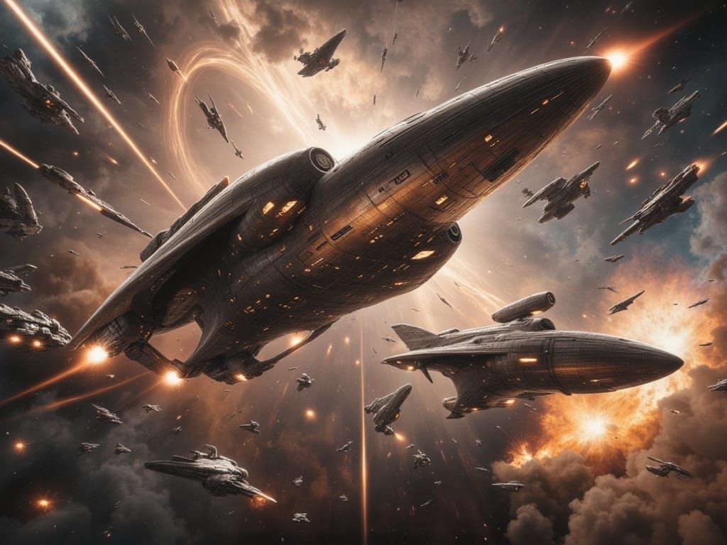 Epic Starship Battle in Dark Sci-Fi Style
