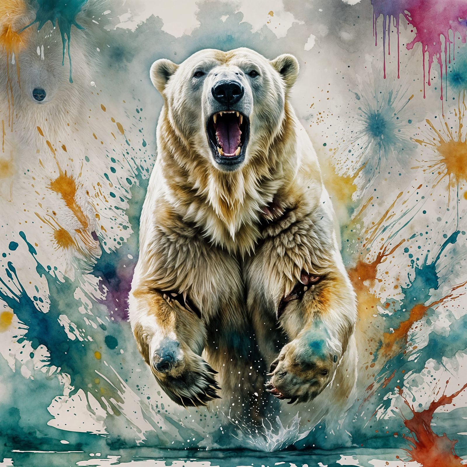 Roaring Polar Bear Charging, in Watercolor Style
