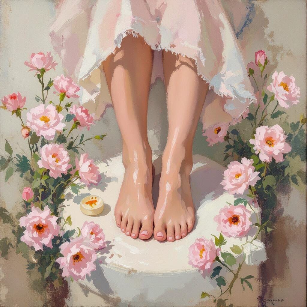 Pedicure Station with Pink Flowers in Impressionist Style