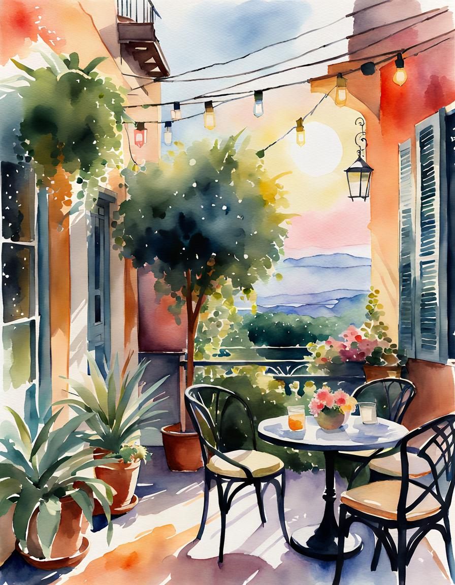 Watercolor Cafe with Italian View: Soft Minimalist Art