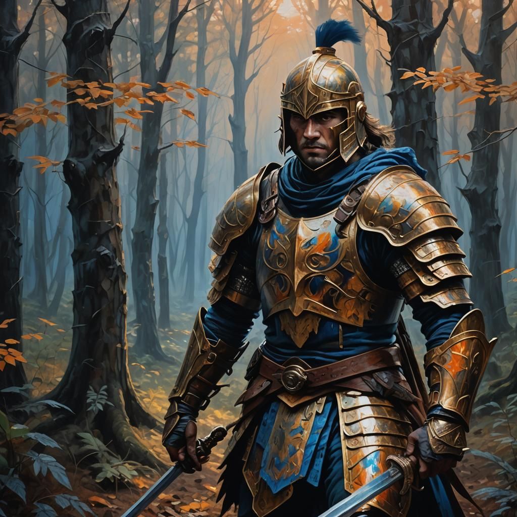 Brave Warrior in Misty Forest Oil Painting