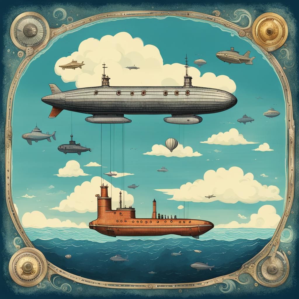 Topsy turvy  ocean and sky, Submarine and airship juxposed