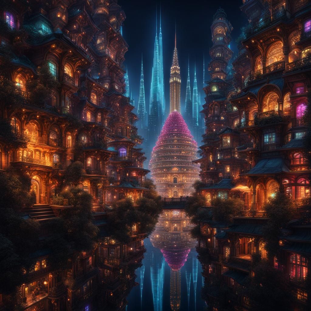 Colorful Fractal City at Night: Digital Matte Painting