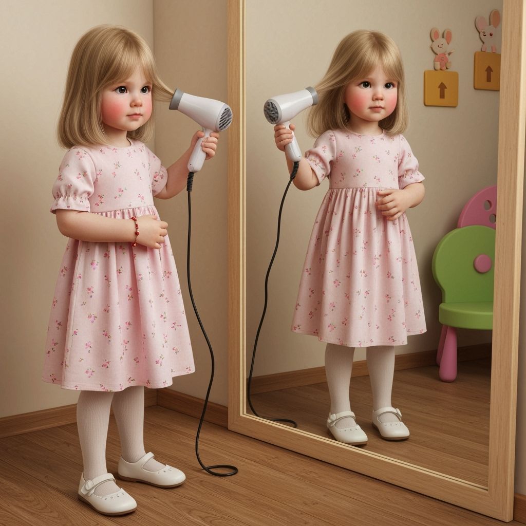 Realistic Girl Drying Hair in Playful Children's Room