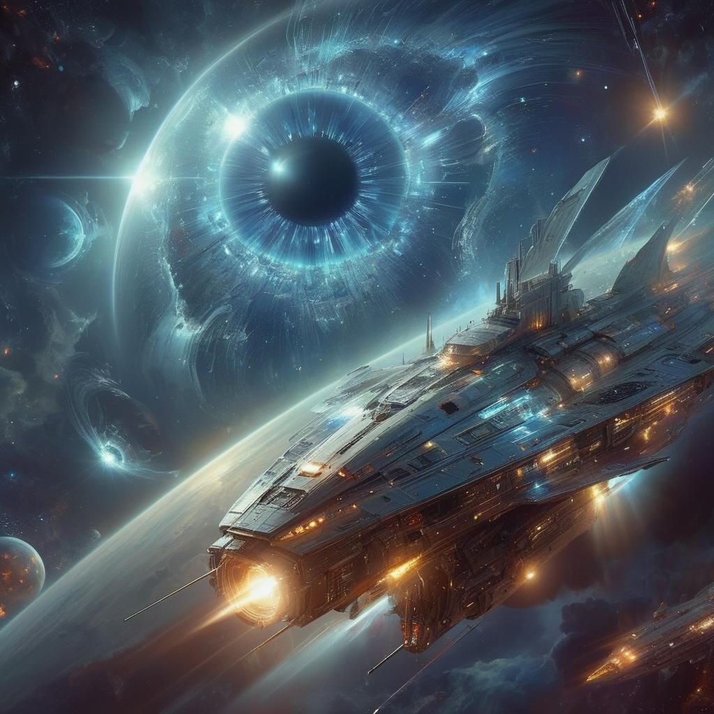 Futuristic Spaceship Watched by Celestial Eye in Space