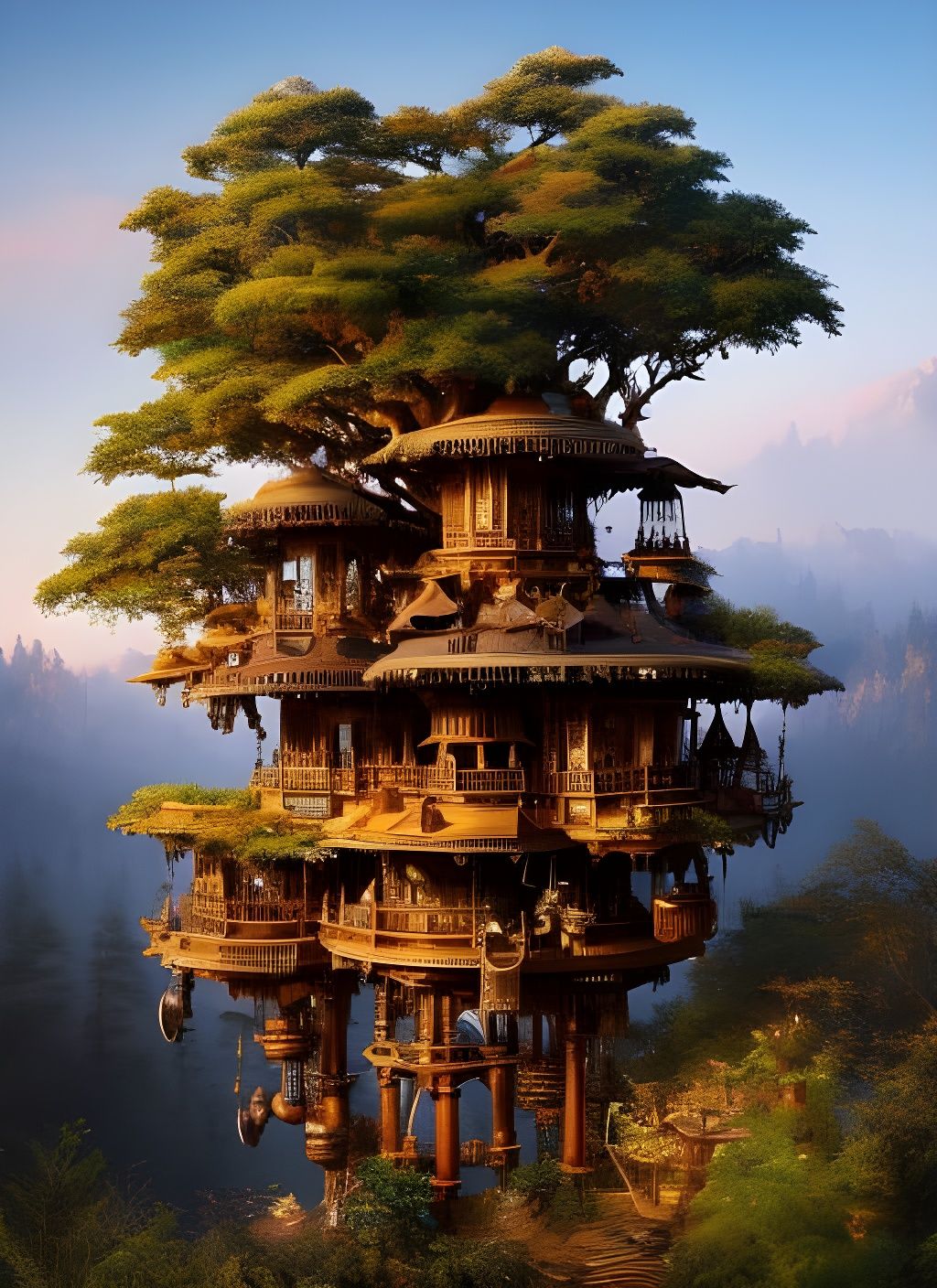 Epic Steampunk Indian Treehouse in Golden Hour Lighting