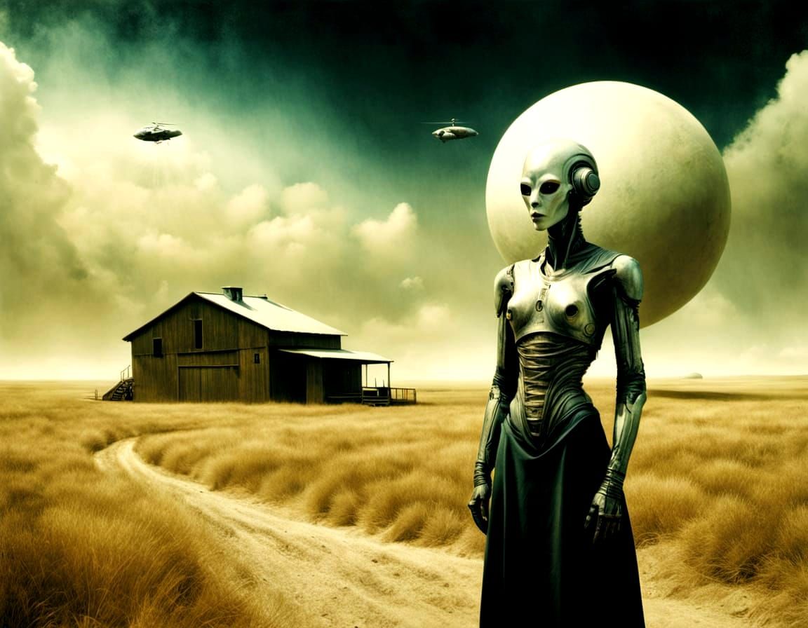 Cosmic Cyborg Invasion in Dreamy Tempera