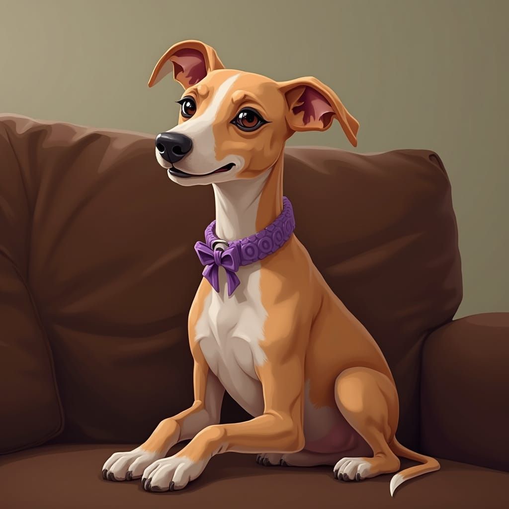Greyhound Dog Portrait with Purple Bow