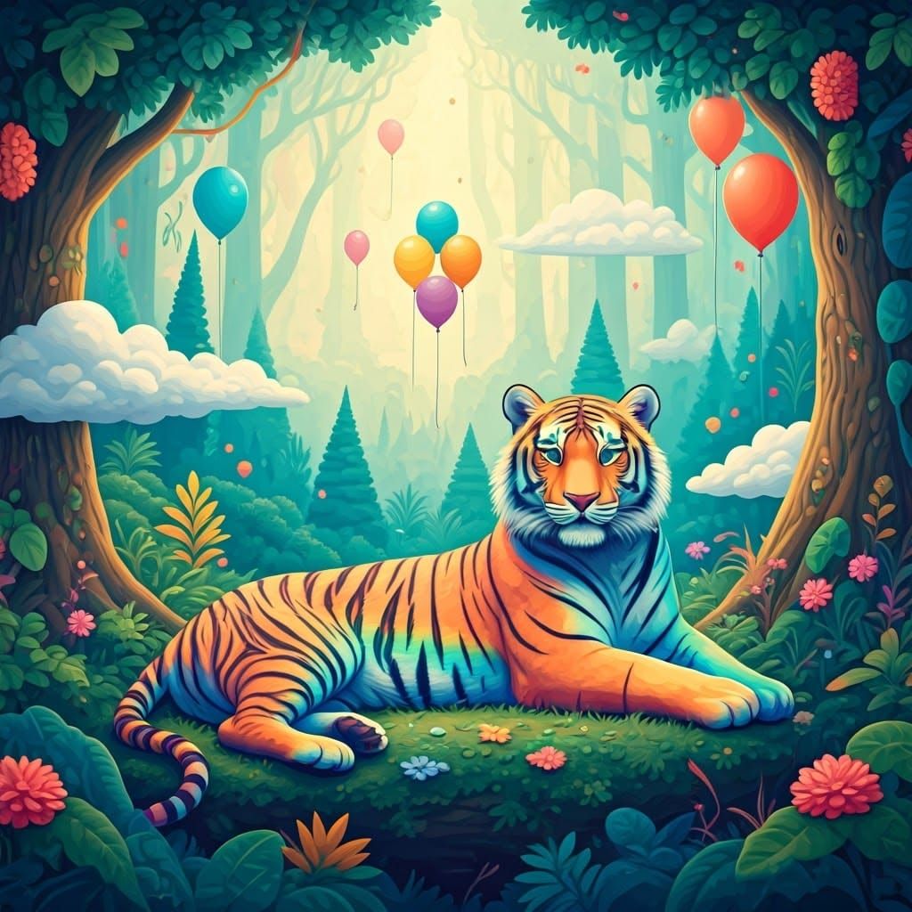 Rainbow Tiger in Whimsical Forest, Children's Book Illustrat...