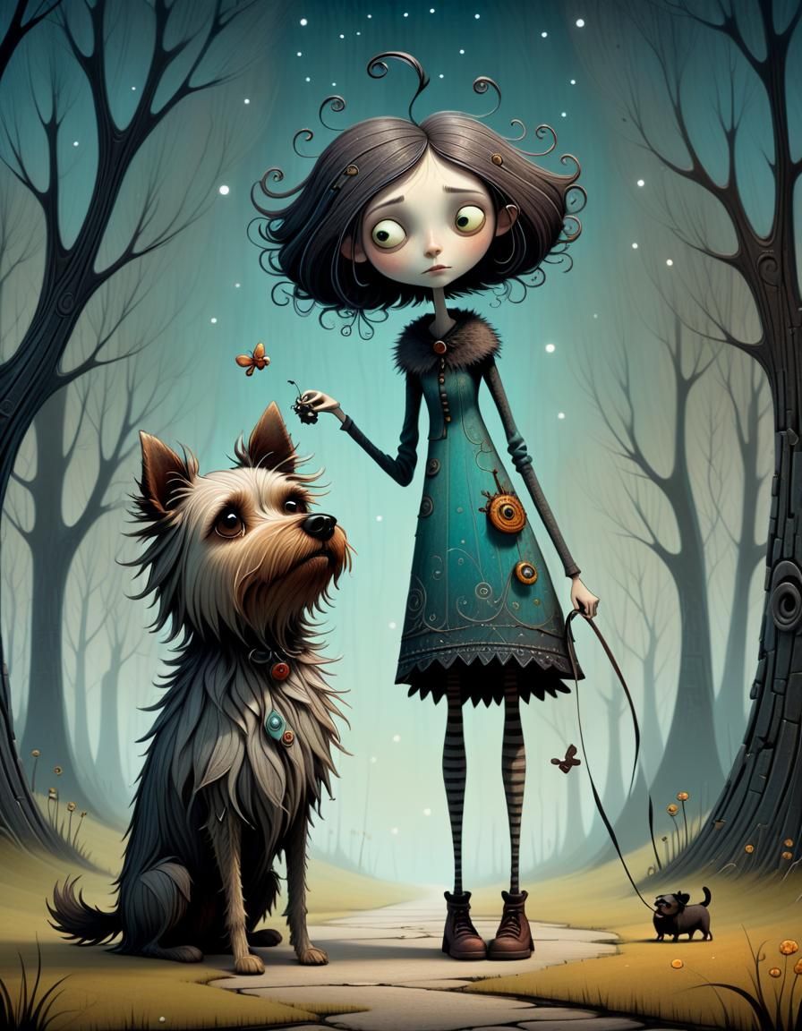 Whimsical Cartoon Lady with Dog in 3D Style