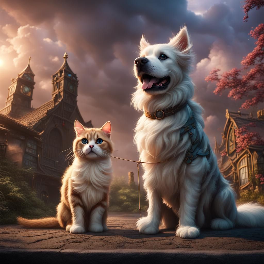Cute Giant Dog and Cat in Stormy Landscape