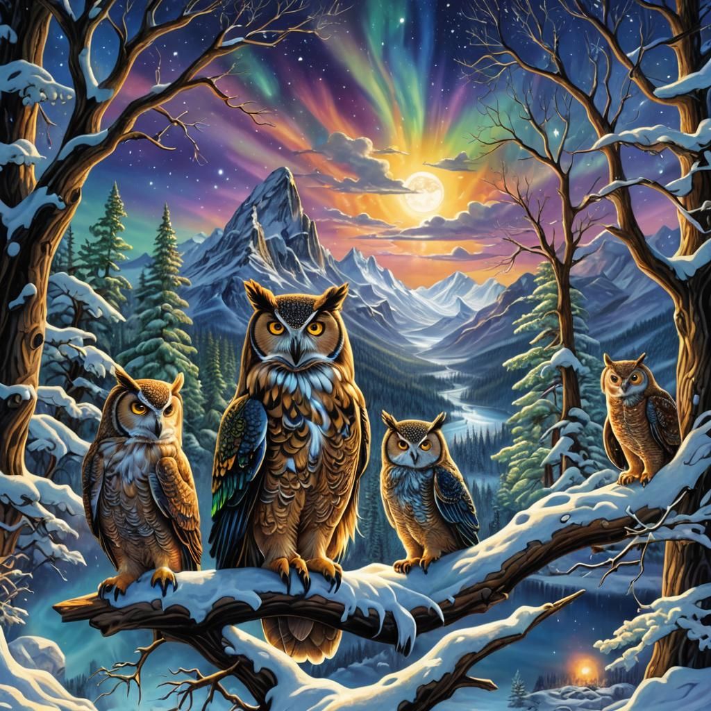Owl in Winter Landscape with Aurora Borealis
