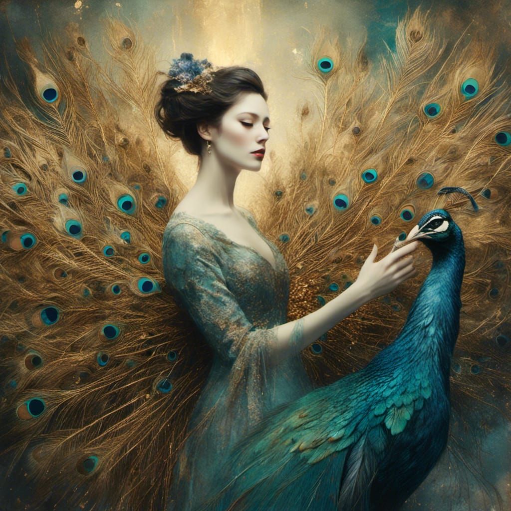 Ethereal Woman with Peacock Feather in Watercolor Style