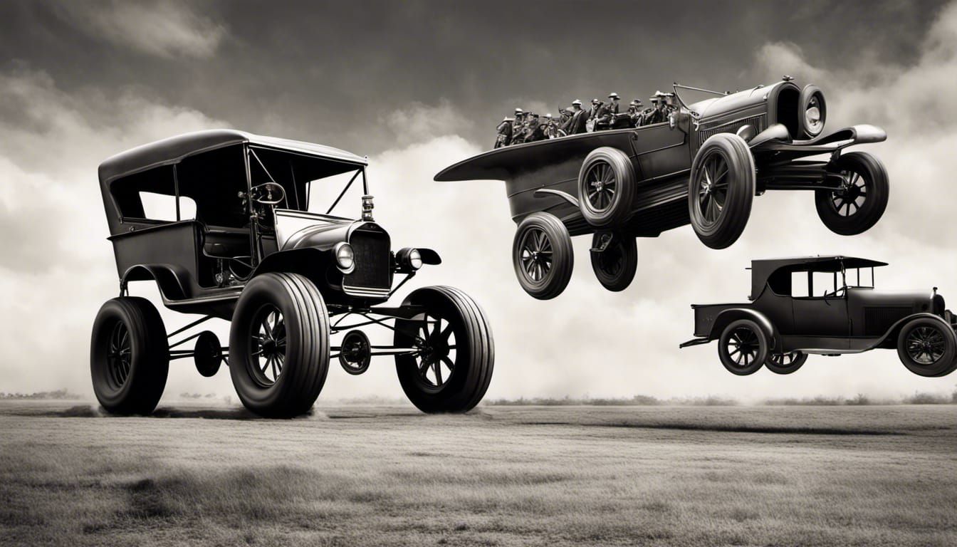 Wright Brothers Monster Truck Soaring Over Model Ts