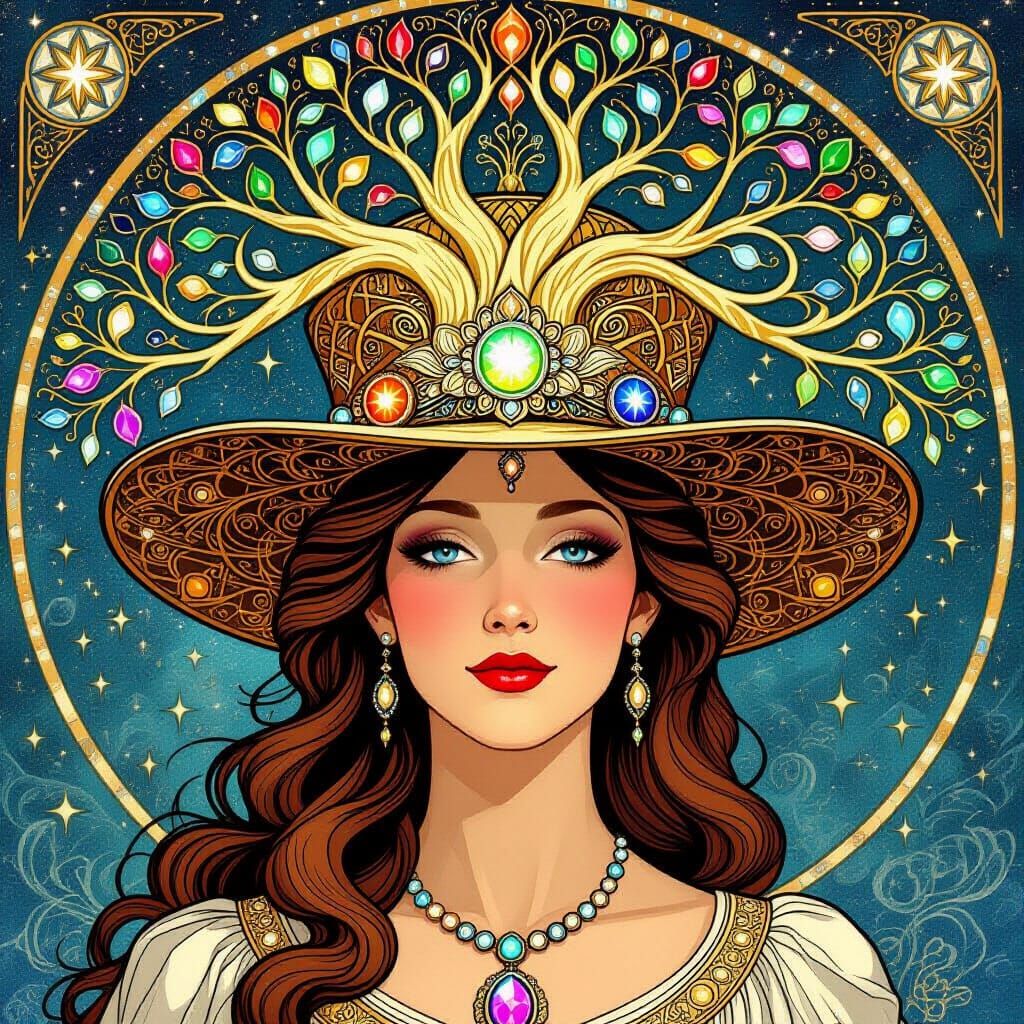 Queen Wearing Cosmic Tree of Life Hat with Chakra Crystals