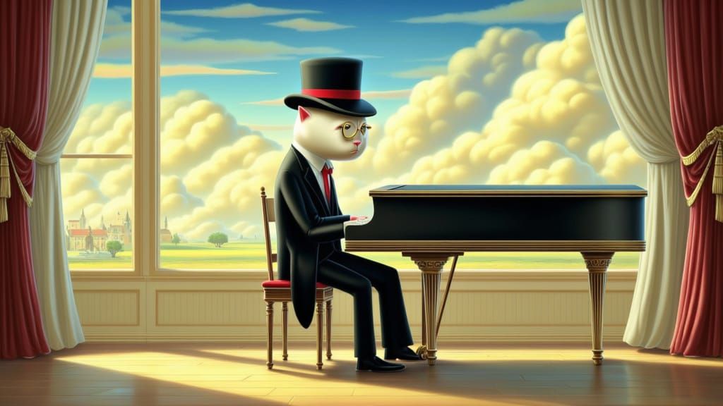 Cat Pianist Floating in Sky: Storybook Illustration Style