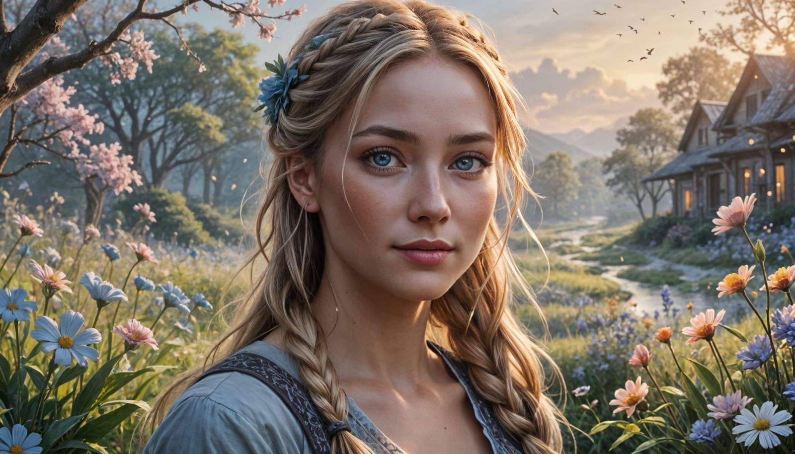 Smiling Woman with Freckles and Flowing Blonde Hair in Sunri...