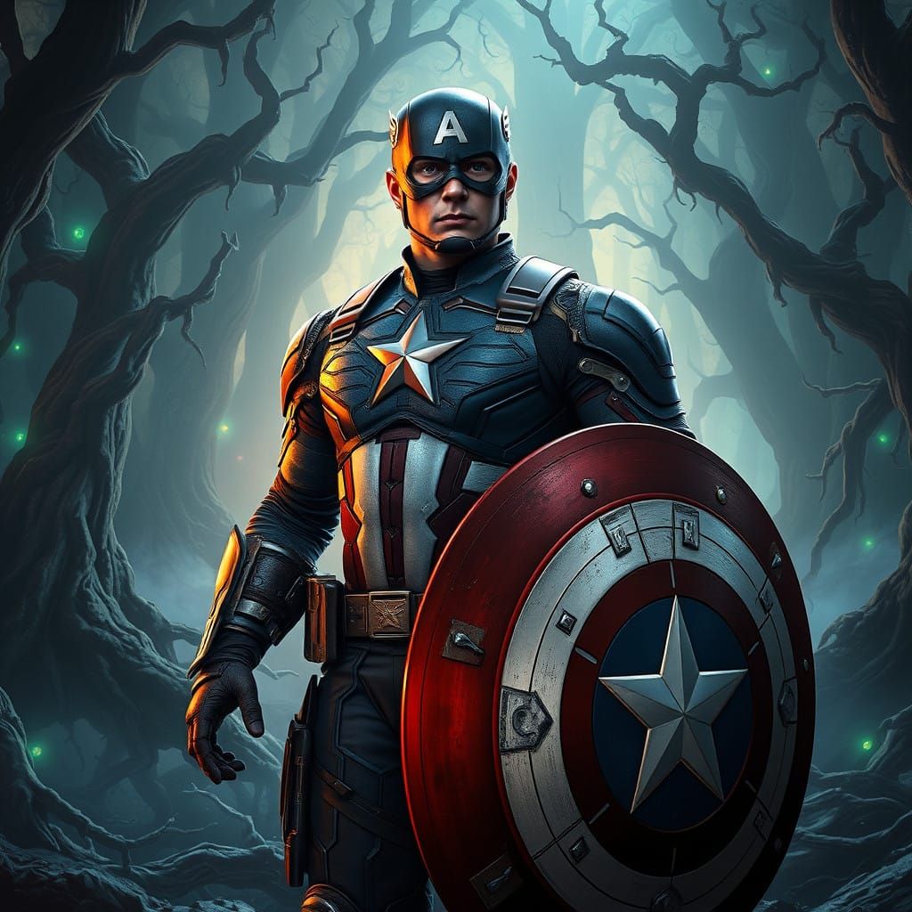Heroic Captain America in Ancient Mystical Forest
