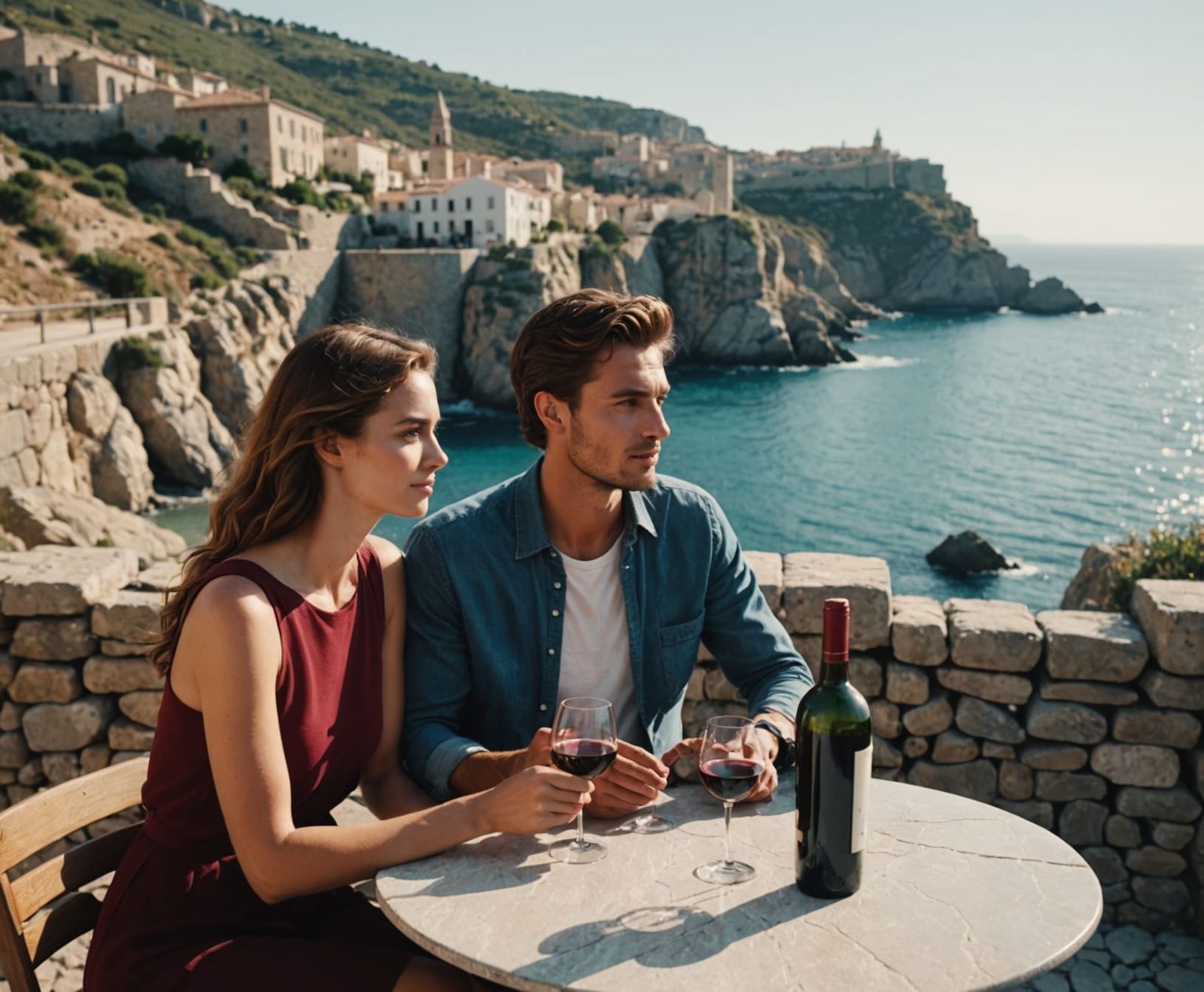 Couple Enjoying Wine on Mediterranean Terrace