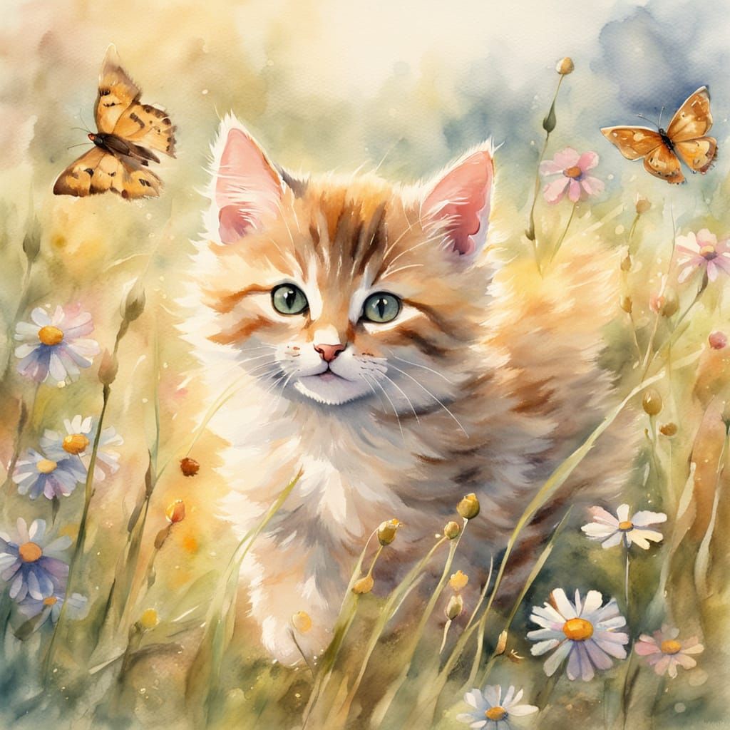 a playful kitten chase butterflies