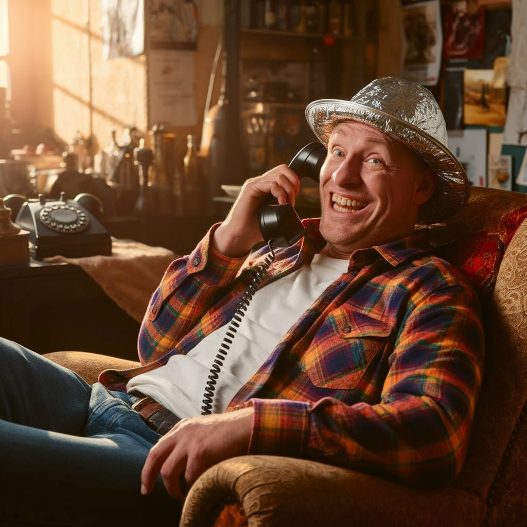 Redneck in Tinfoil Hat Talking on Rotary Phone
