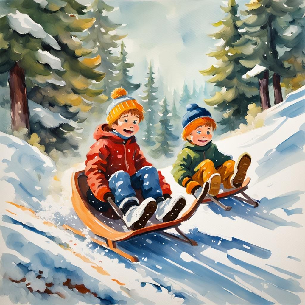 Children Sledding Downhill in Gouache Watercolor Style