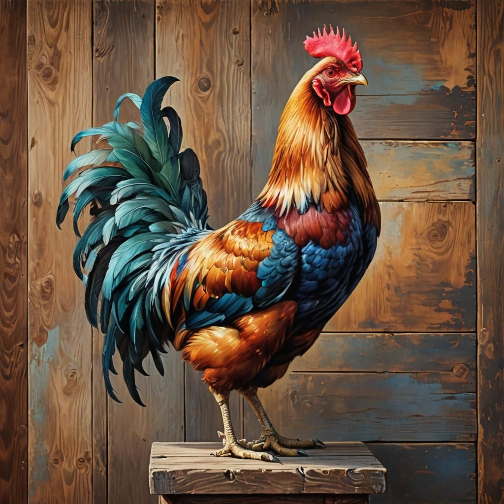 Majestic Chicken on Pedestal: Oil Painting