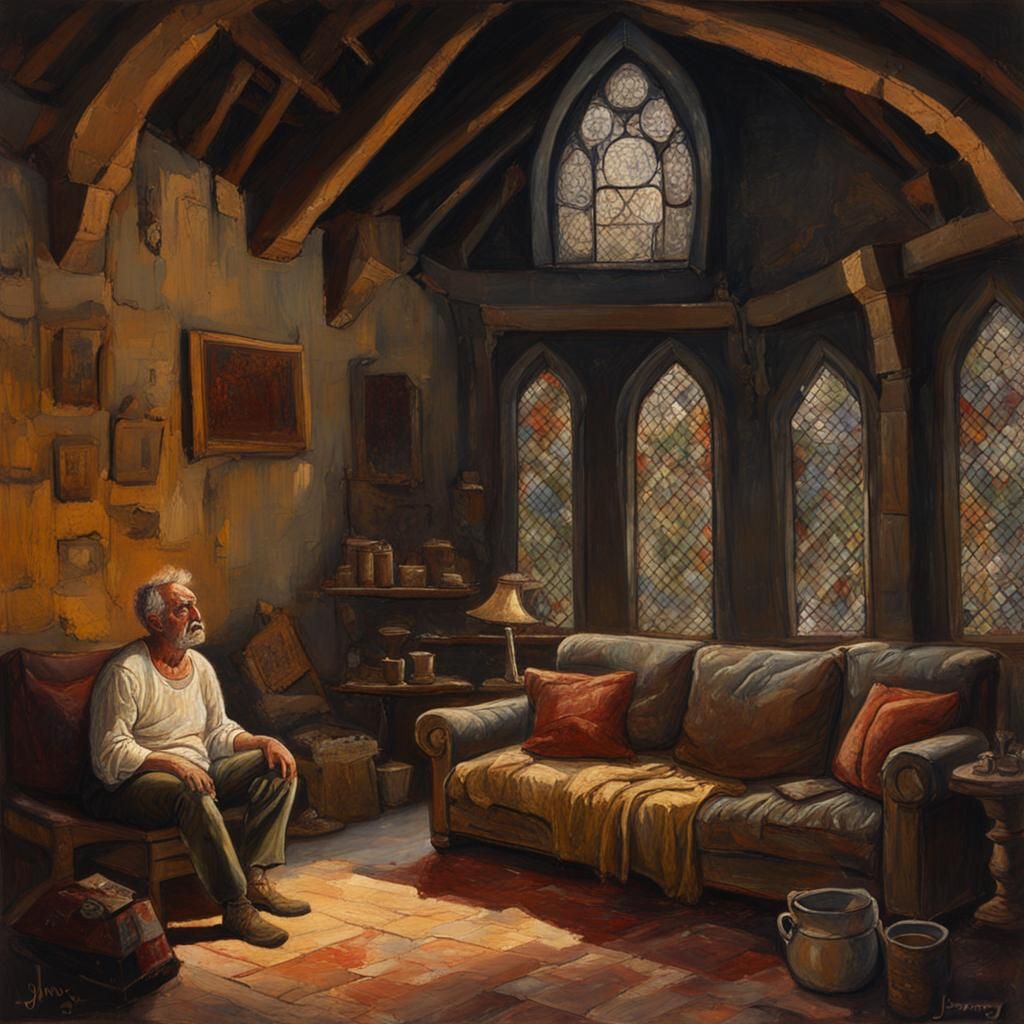 Distraught Man in Medieval Undershirt as Oil Painting