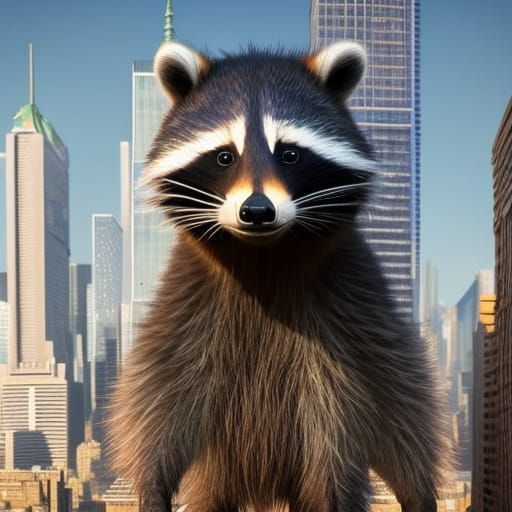 Gigantic Raccoon Walks Through Downtown: Hyperdetailed Art