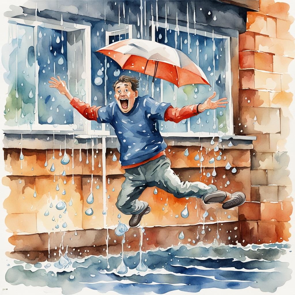 Funny Wet Man Escaping Rain: Watercolor Illustration