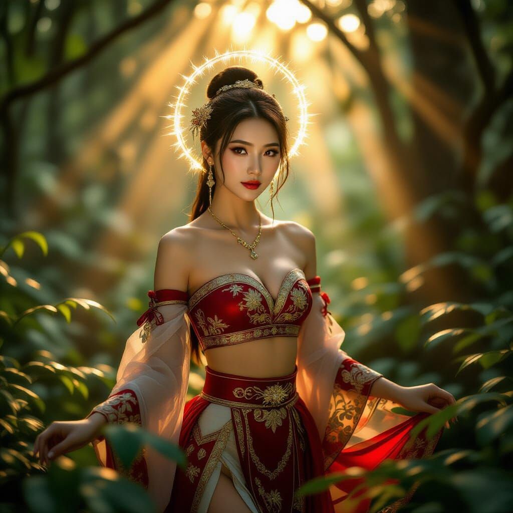 Chinese Woman with Halo in Ancient Forest