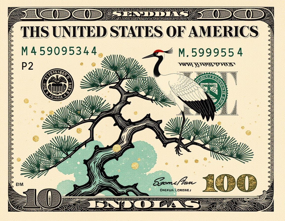 Sumi-e Crane Painting on US Dollar Bill
