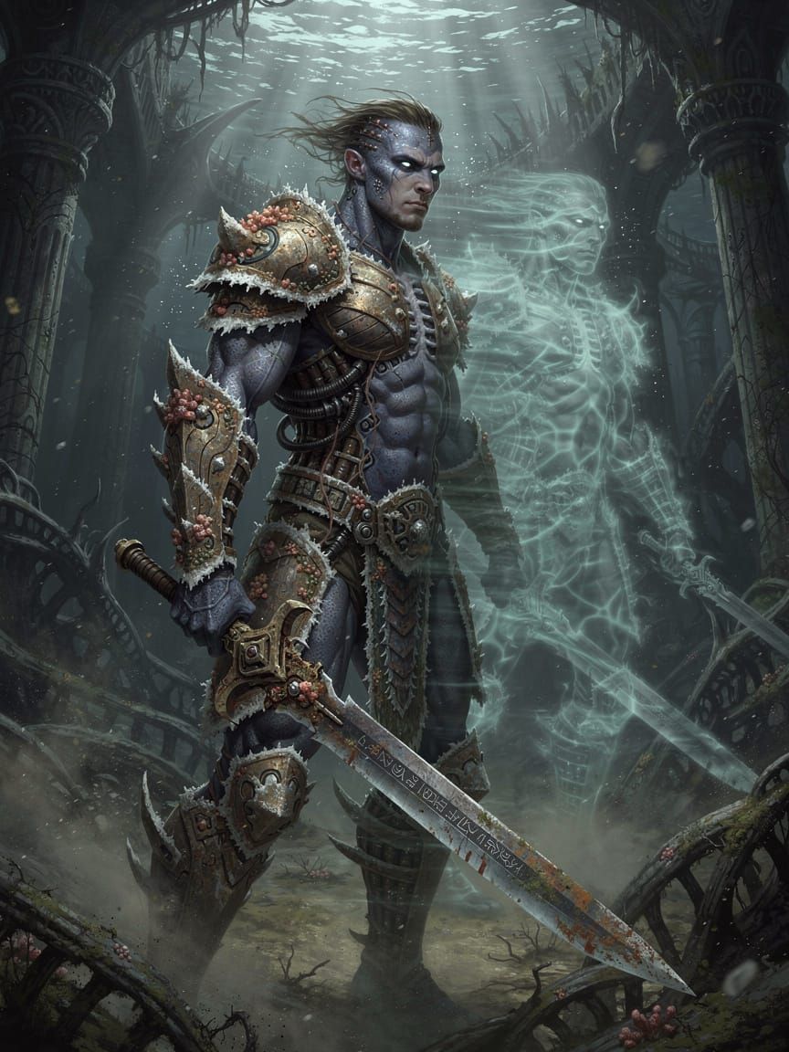 Melancholic Triton Duelist in Ornate Armor