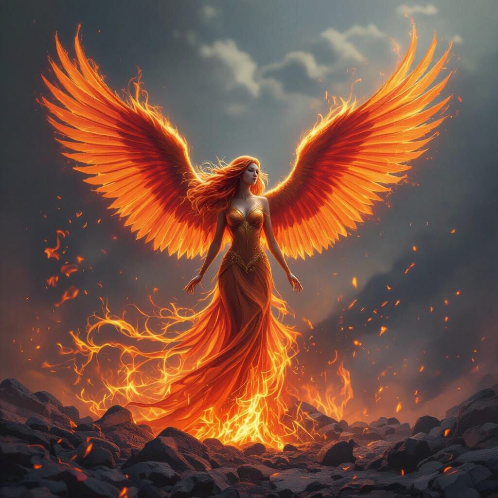 Phoenix Angel Rising From Ashes with Fiery Wings