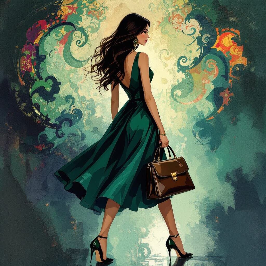 Woman in Emerald Frock with Handbag, Avant-Garde Art