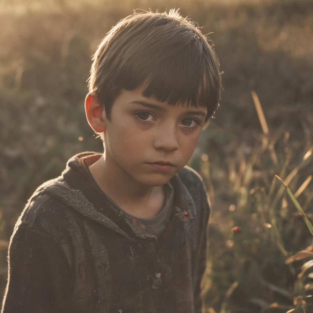 Boy and Ladybug in Golden Hour Glow: Cinematic Still