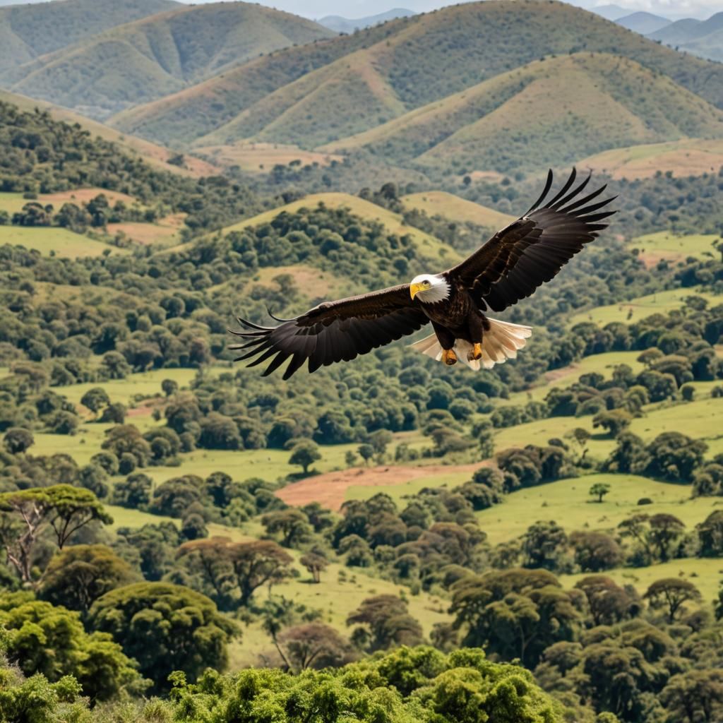 Eagle in Flight Over Lush African Mountains