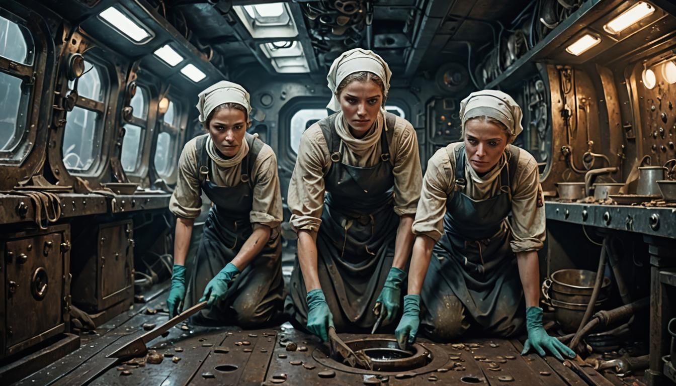 Scullerymaids Clean Spaceship Galley in Digital Painting