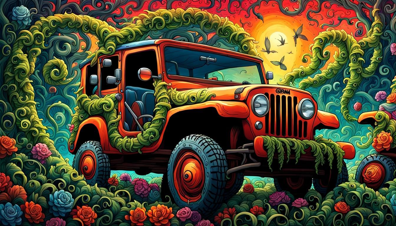 Biopunk Snail Drives Jeep in Detailed Illustration