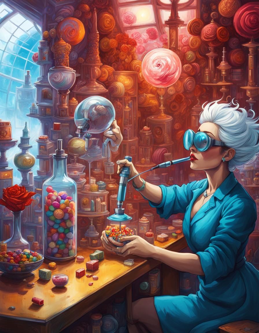 Mad Scientist Inspects Candy Bar: Ink Illustration