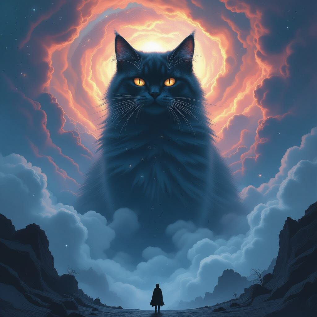 Cosmic Horror Cat Emerging From Galactic Clouds