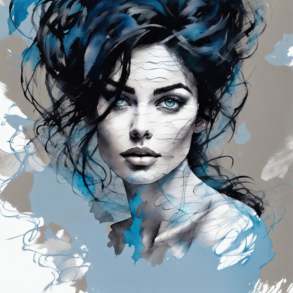 Aquarius Goddess Portrait in Ink Spill Sketch Style