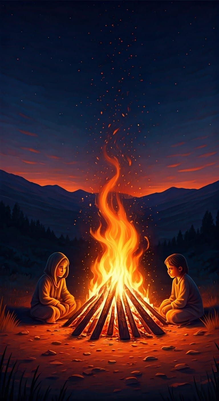 Golden Night Scene with Burning Campfire