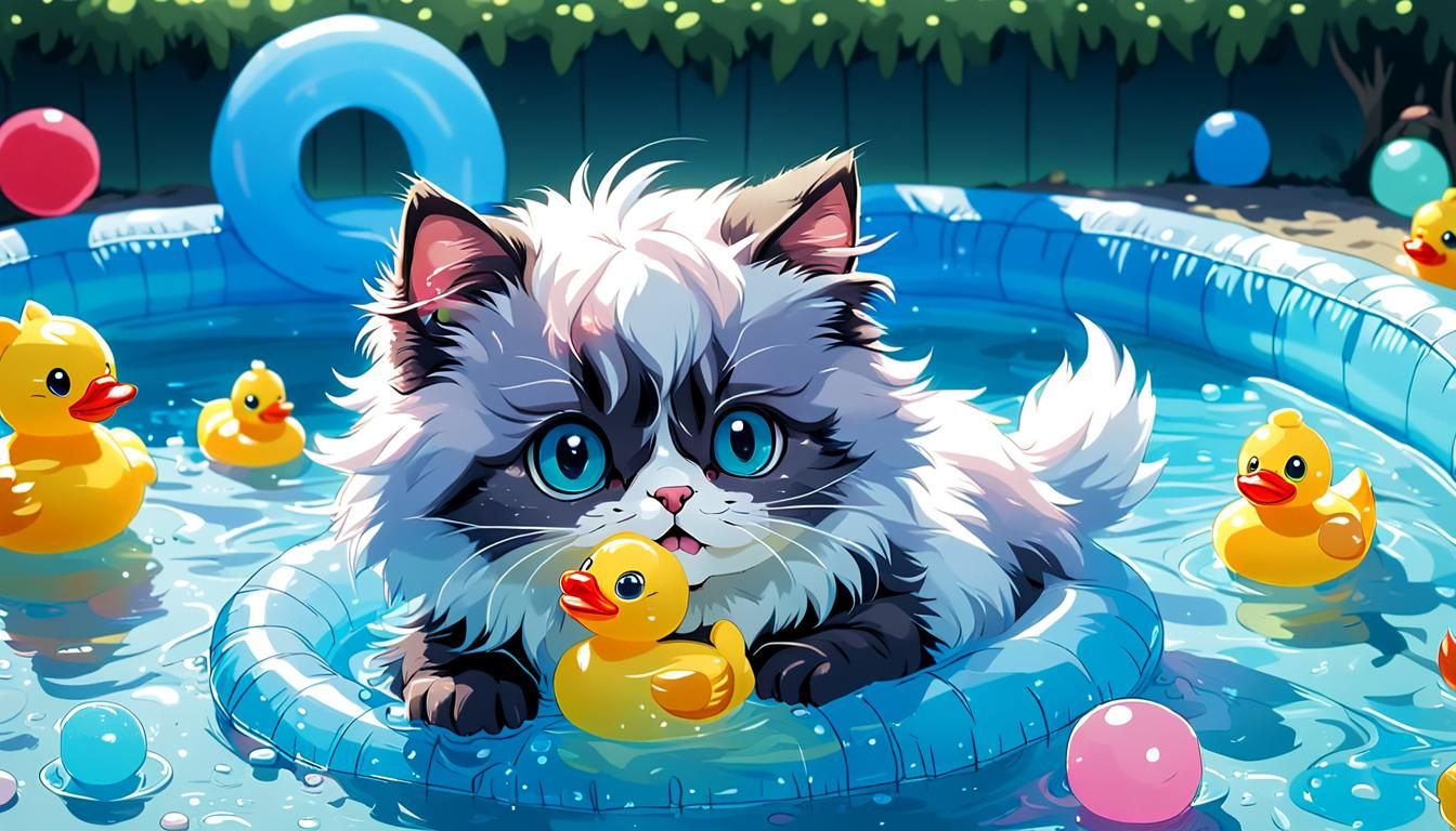 Fluffy kitten playing with rubber ducks in an inflatable pool