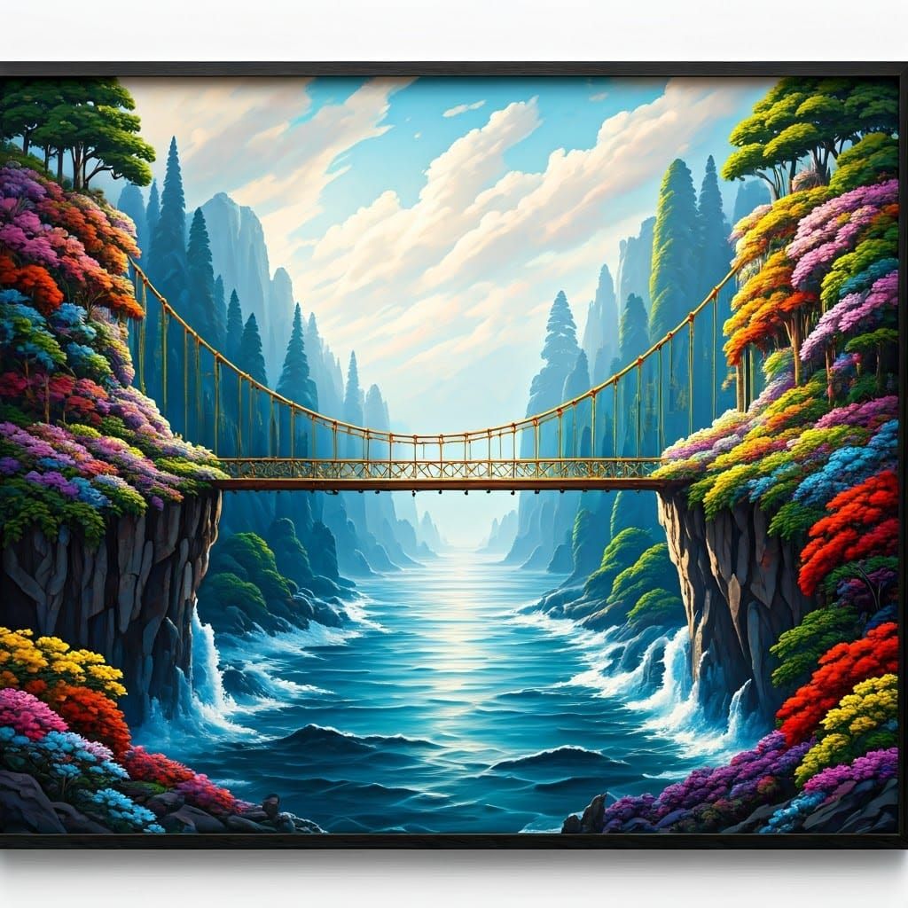 Elegant Oil Painting of Majestic Rope Bridge in Paradise