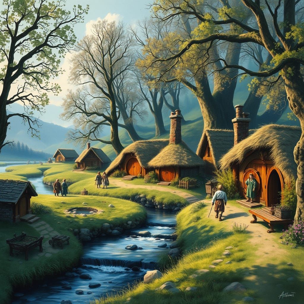 Detailed Watercolor Painting of Hobbiton in the Shire